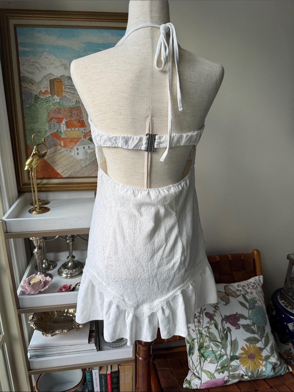 Delicate White Lace Halter Chemise with Tie Front - Picture 7 of 7